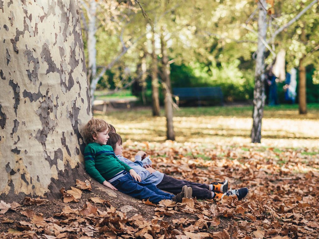Young boys lay next to a tree, relaxing in nature while on holiday